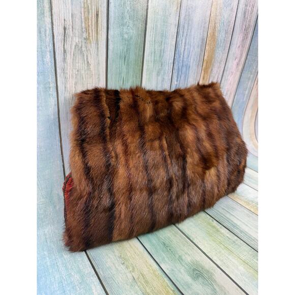 Mink Muff Vintage Fur Hand Warmer Inside Pocket Brown Fur Purse Wristlet 1940's - Picture 9 of 10